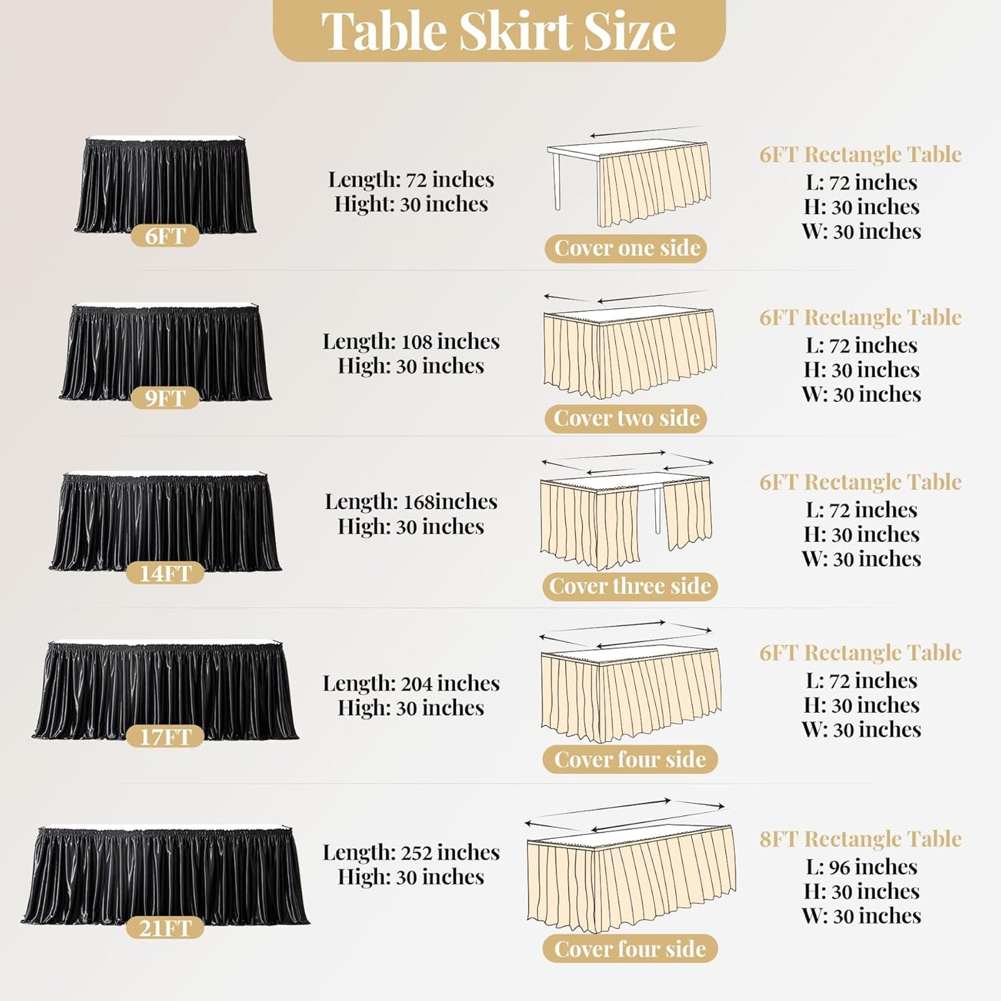 Wish Care 21ft Long Black Satin Table Skirt for Rectangle Wrinkle Free Glitter Desk Skirts Pleated Ruffle Table Cloth for Wedding Birthday Graduation Party Buffet Display Trade Show Table Decorations