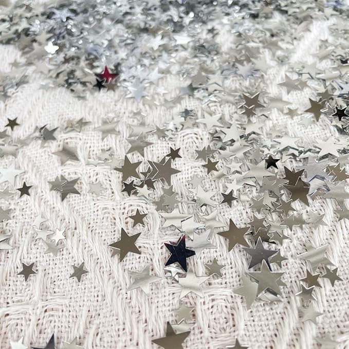 WEIKA 60g Star Confetti Glitter Star Table Confetti, Metallic Foil Star Glitter, Table Decorations for Party Wedding birthday graduation Decorations(Silver Set, 10mm and 6mm)