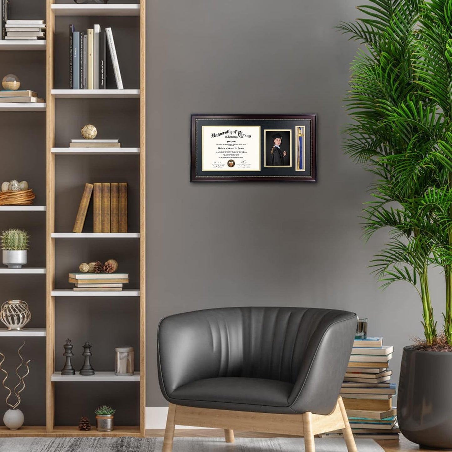 GraduationMall 11x22 Mahogany Diploma Frame with Tassel Holder and Picture for 8.5x11 Certificate 5x7 Photo,Real Glass,Black over Gold Mat