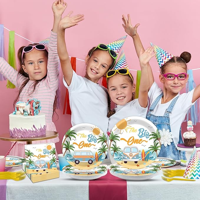 96Pcs Summer Beach The Big One Party Supplies Boy Surfing First Paper Plates Napkins The Big One Birthday Party Decorations 1st Birthday Dinnerware Party Favor Beach Hawaiian Tableware Serves 24
