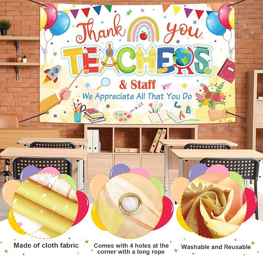 Happy Teacher Day Banner Teacher Appreciation Week Decorations Flag Outdoor 71x44 Inch School Classroom Backdrop,Thank You Teacher Gifts for Indoor Home Party Supplies,Yard Sign Photography Background