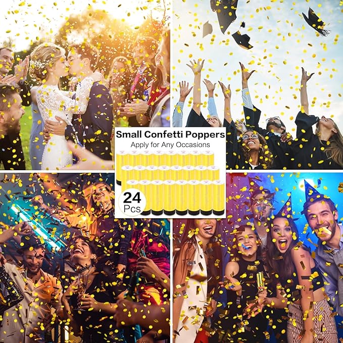 Confetti Cannon 24 Pack Small gold Confetti Poppers ideal for Weddings, Birthdays, Graduations, Baby Showers, New Year's Eve Parties Fun Party Decorations