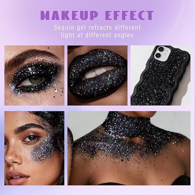 HOSAILY Roll-on Black Body Glitter Gel for Face Hair, Holographic Chameleon Color Changing Face Paint Glitter Halloween Cosplay SFX Makeup, Chunky Sequins Festival Shimmer Makeup for Women Kids
