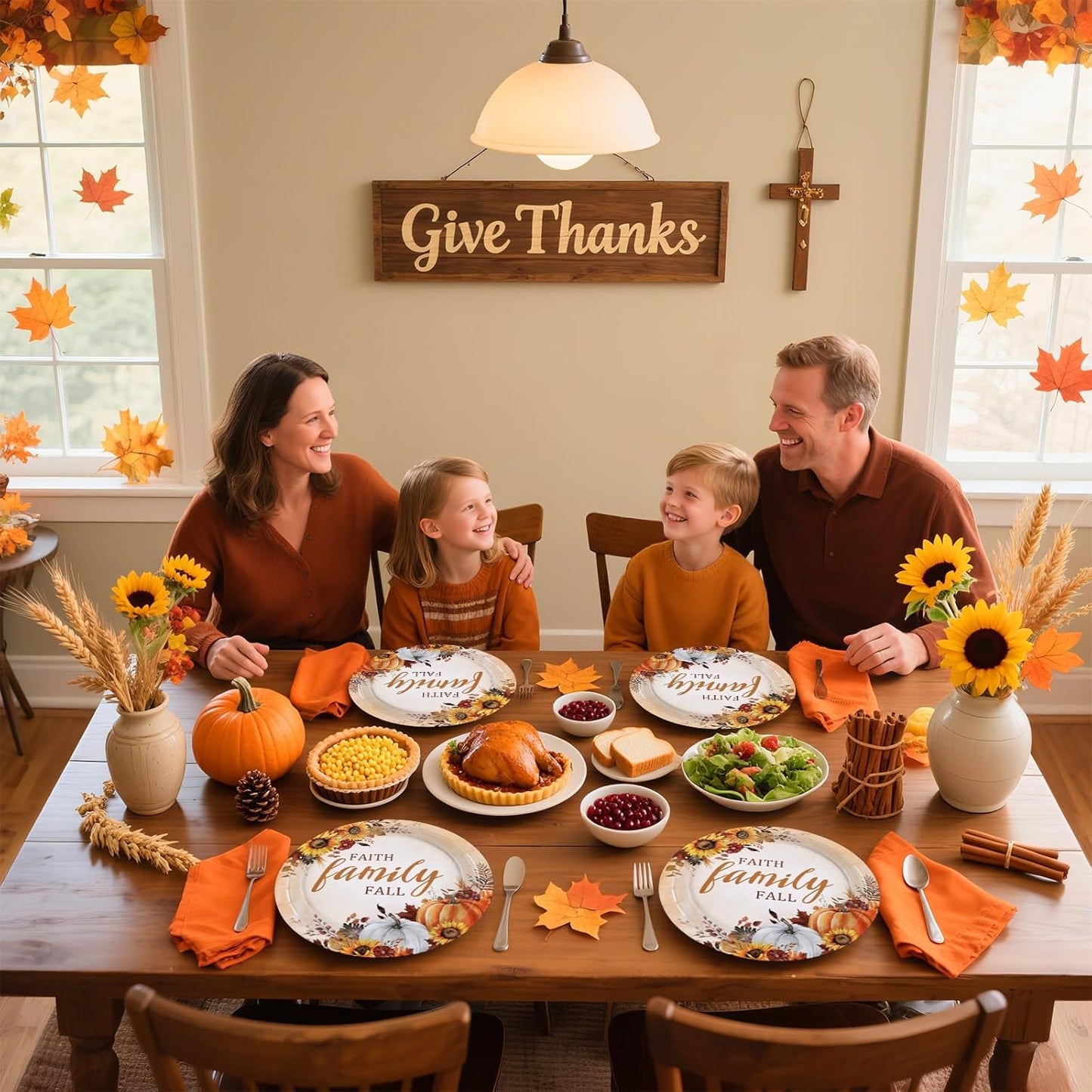Grencian 50Pcs Fall Faith Family Party Plates 9in Disposable Heavy Duty Fall Pumpkin Sunflower Desert Paper Plates for Autumn Thanksgiving Harvest Reunion Party Decorations Serve 50