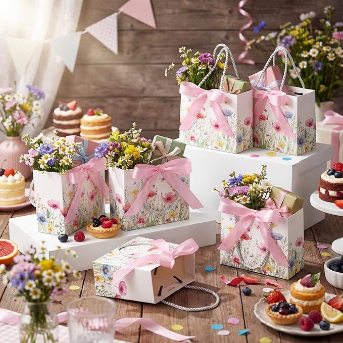 Moinchore 30 Pcs Wildflower Paper Gift Bags Bulk 5.5 x 4.7 x 2.5 in Mini Floral Favor Bags with Handles Bow Ribbon Wrap for Spring Summer Birthday Wedding Home Bridal Shower Garden Supplies