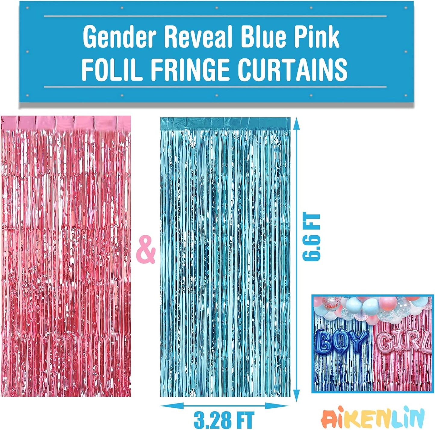 4 Pack 3.2Ft x 6.6Ft Pink Blue Foil Fringe Curtain Backdrop, Metallic Tinsel Foil Fringe Streamers Curtains Background for Photo Booth, Gender Reveal Backdrop Boy or Girl Birthday Party Decoration