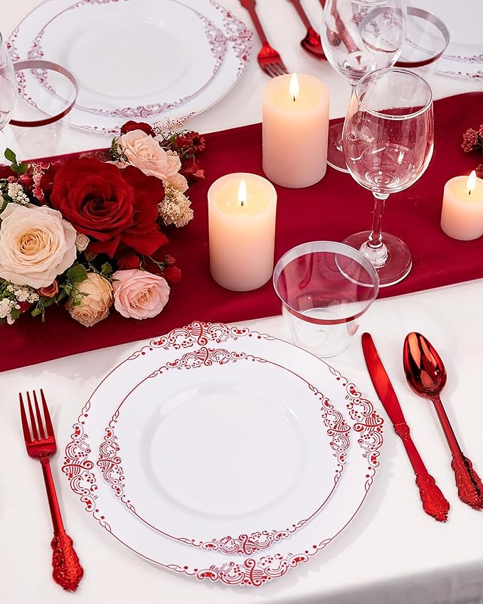 Nervure 100Pcs White and Red Plastic Plates - Heavyweight Red Disposable Plates - Plastic Plate Include 50Pcs 10.25inch Dinner Plate & 50Pcs 7.5inch Dessert Plate for Wedding & Party
