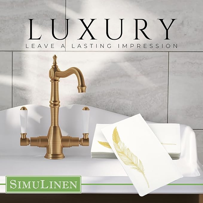 SimuLinen Decorative Gold Feather Design Paper Towels - Hand Towels for Bathroom - Cloth-Like, Linen-Feel for Guest Bathroom Essentials, Size: 12x17” (Pack of 300) Made in Germany