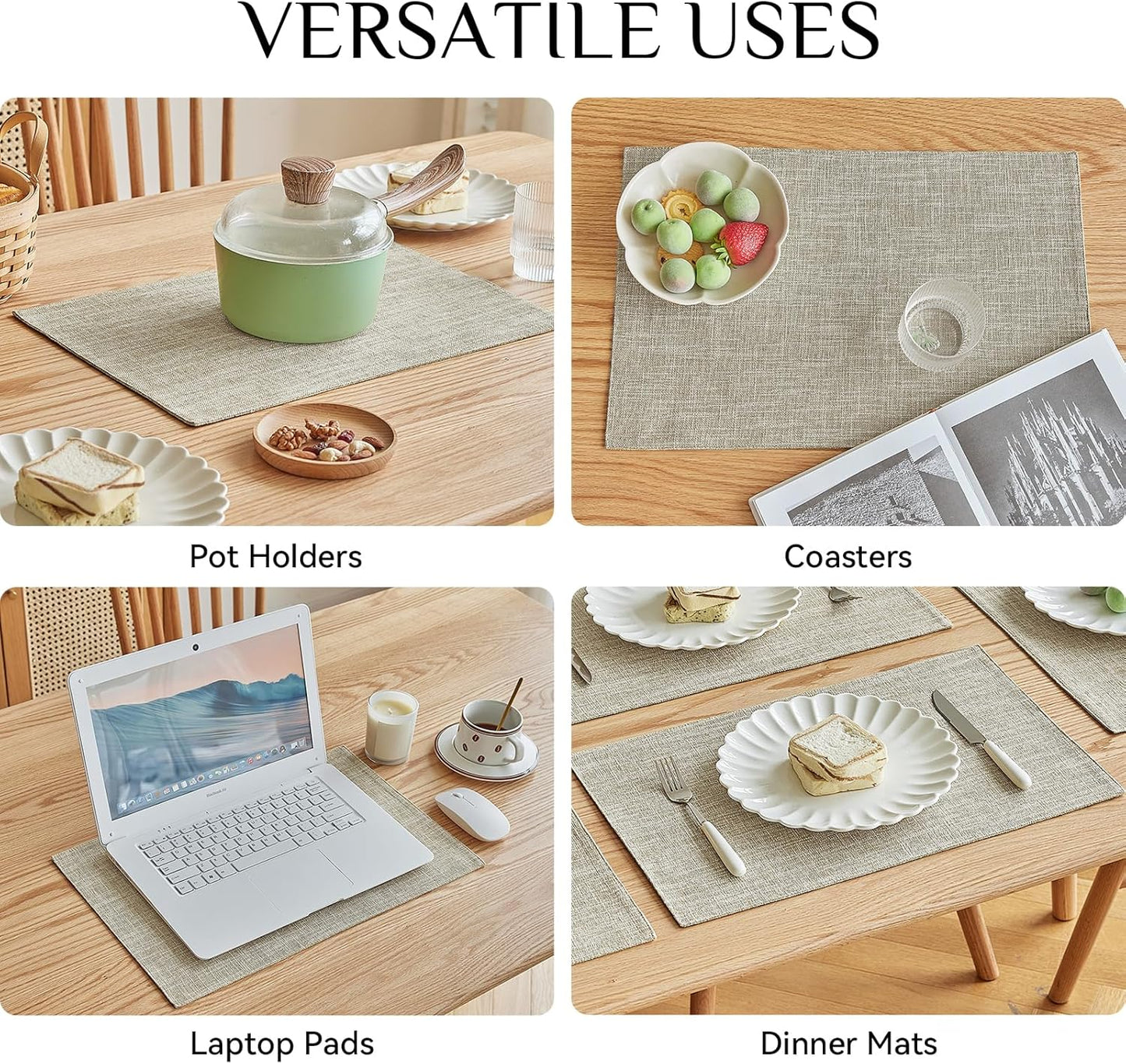 Softalker Faux Linen Placemats Set of 8-12 x 18 Inch, Heat Resistant Double Layered Durable Burlap Farmhouse Place Mats, Non-Slip Washable Rustic Table Mats for Dining, Kitchen, Party(Beige