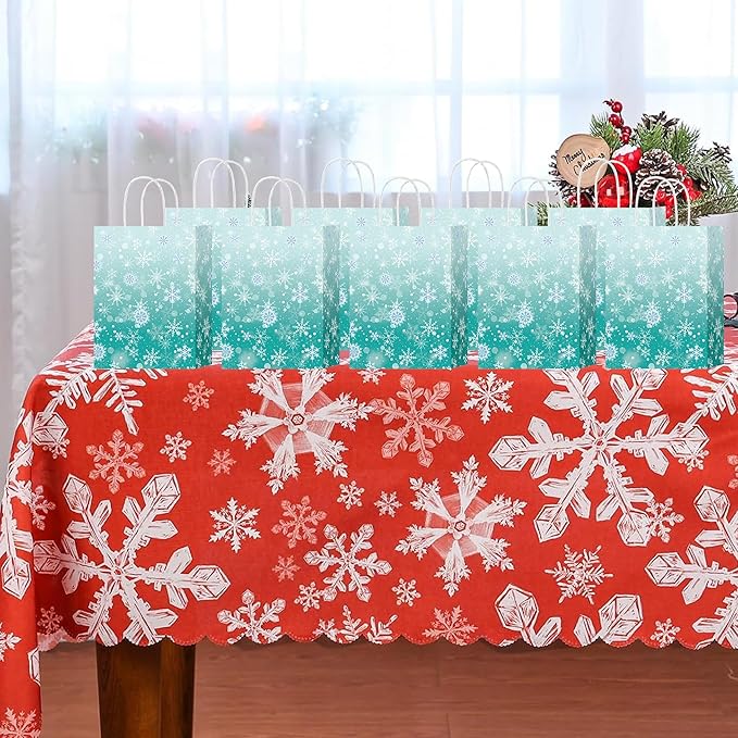 HongXingHai Christmas Gift Bags with Handles, 16 Pack Kraft Paper Bags with Snowflake Design, Reusable Holiday Party Favor Bags for Christmas, Winter Birthday, Wedding, Shopping, Small Gifts