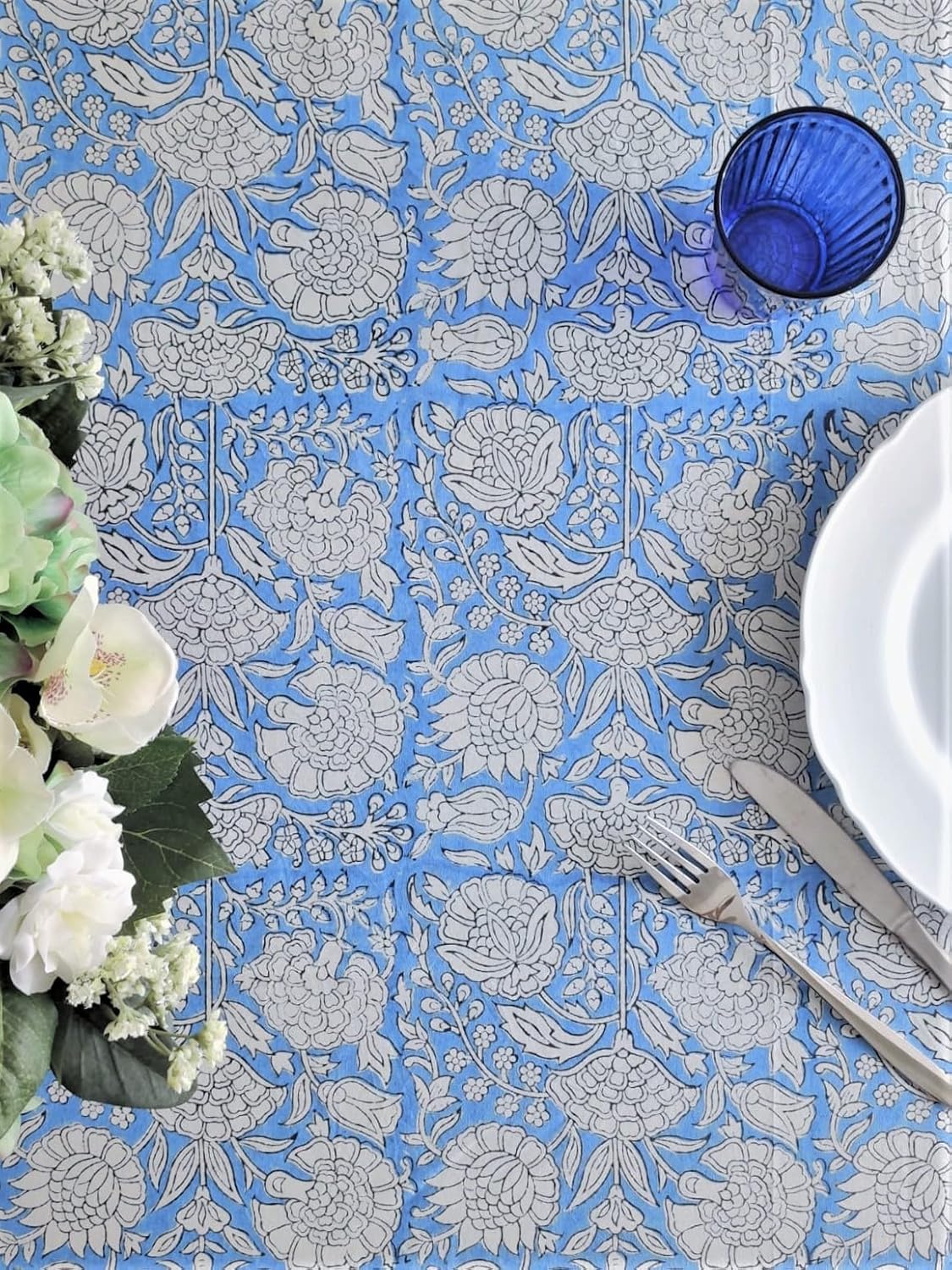 ATOSII Azora Blue 100% Cotton Rectangle Fall Tablecloth, Handblock Floral Print Linen Table Cloth for Kitchen Dining I Parties, Outdoors, Christmas, Thanksgiving I 72 X 140 Inches I 12 Seater