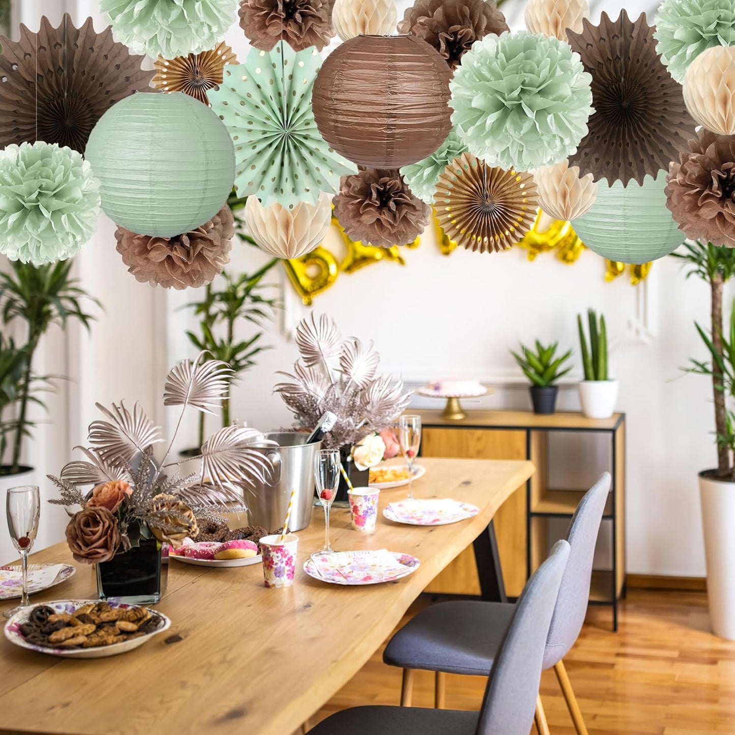 Sage Green and Brown Party Decorations Sage Green and Brown Paper Fans Paper Lanterns Pom Poms Flowers for Baby Shower Birthday Wedding Engagement Party