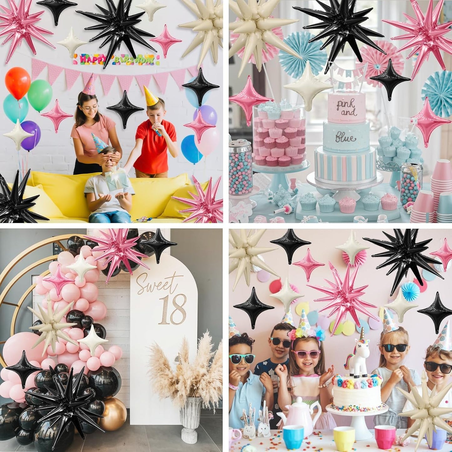 Pink Black White Star Balloon,6Pcs 22Inch Explosion Star Balloons and 10Pcs 10Inch Four Angle Balloons Kit for Birthday Anniversary Baby Shower Wedding Party Decorations