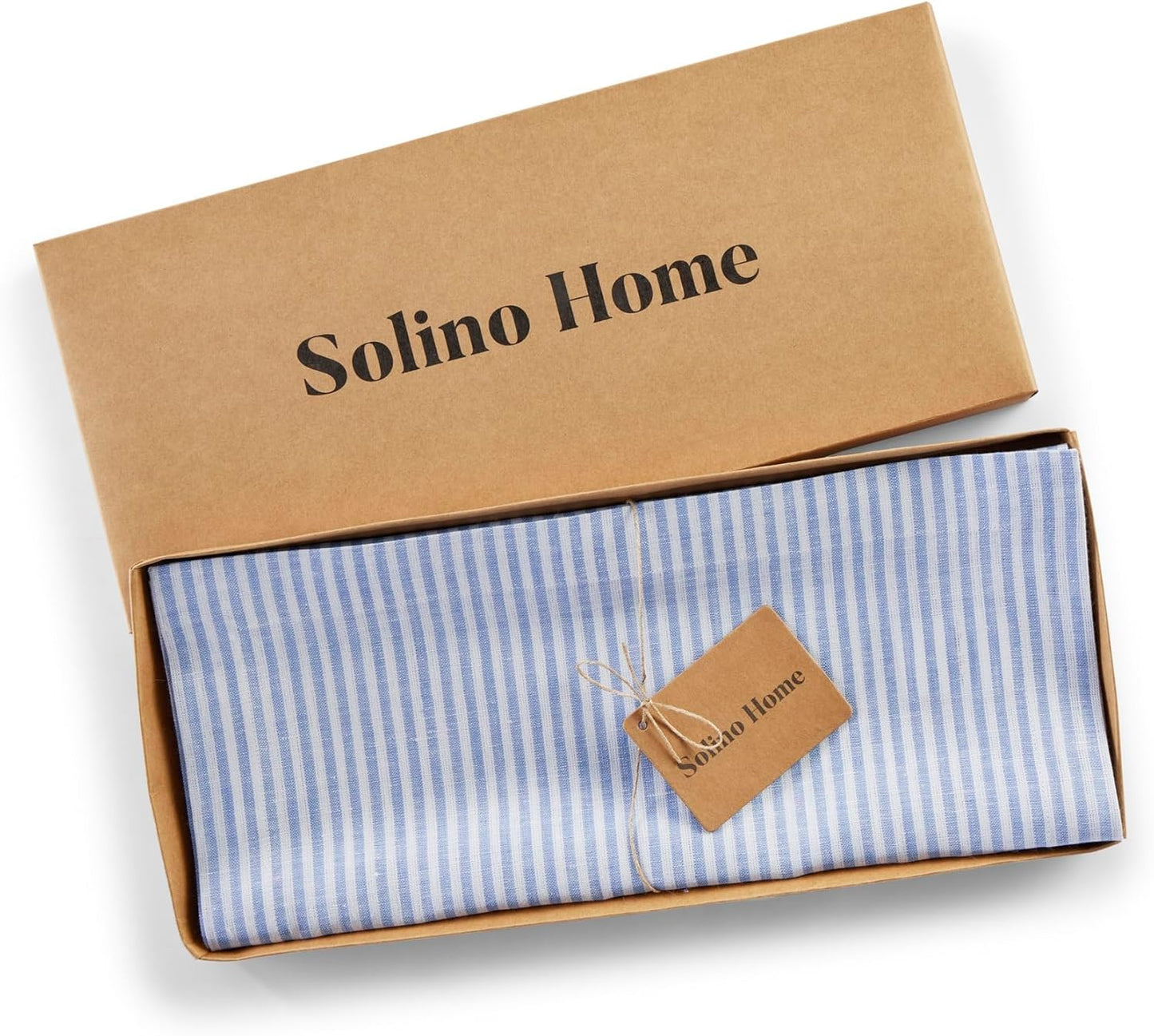 Solino Home Linen Striped Table Runner 144 Inches Long - Narrow Stripe 100% Pure Linen Cornflower Blue and White Dining Table Runner 14 x 144 Inch