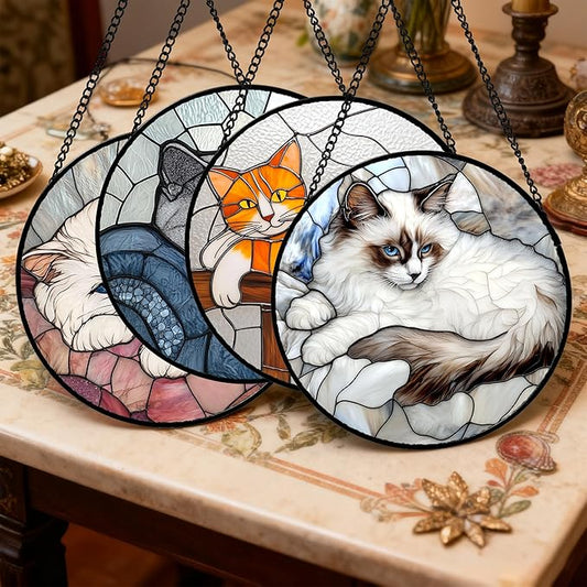 Stained Glass Window Hanging 4 Pcs Set Cute Cat Large 11.8" - Suncatcher Door Garden Sun Catcher Decor Birthday Mother's Day Christmas Comfort Gifts for Lost Pet Woman Nana Mom Men Friend