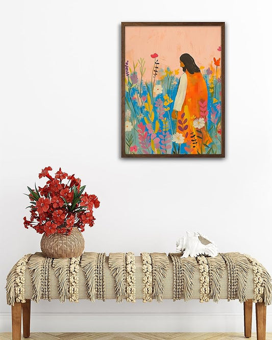 EcoHest Walnut Color OAK Wood Jesus Framed Wall Art, 12x16in The Wildflowers Bible Verse Christian Wall Art, Modern Bedroom Decor For Living Room Bathroom Religious Gift 1Pack