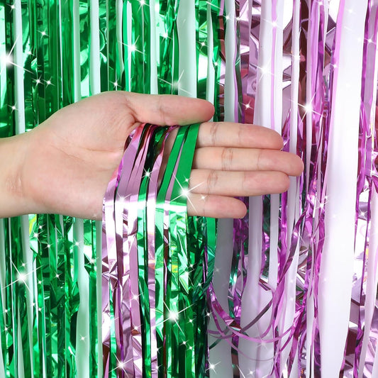 4Pcs Green Pink Backdrop Party Decorations,Tinsel Foil Fringe Curtains,Straight Shiny Foil Fringe Backdrop Curtain,Photo Booth Streamers Party Decorations for Birthday Wedding,3.2ft × 6.6ft