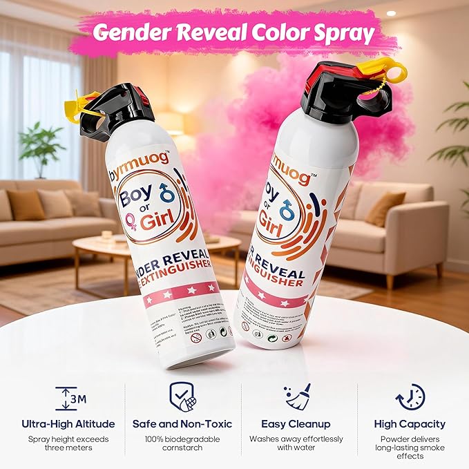 Gender Reveal Fire Extinguisher 2 Pack Color Powder Blasters Spray with Biodegradable Smoke for Baby Girl Reveal Party Ideas & Decorations (Pink)