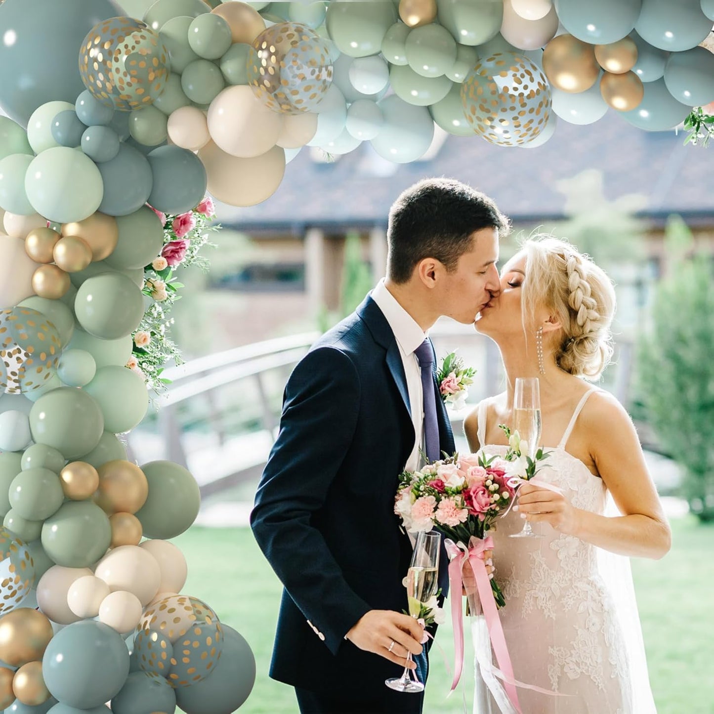 Amandir 173Pcs Dusty Blue Green Balloon Garland Arch Kit, Haze Fog Blue Ash Mist Sage Green Sand White Gold Confetti Balloons for Baby Shower Wedding Bridal Boho Birthday Party Backdrop Decorations