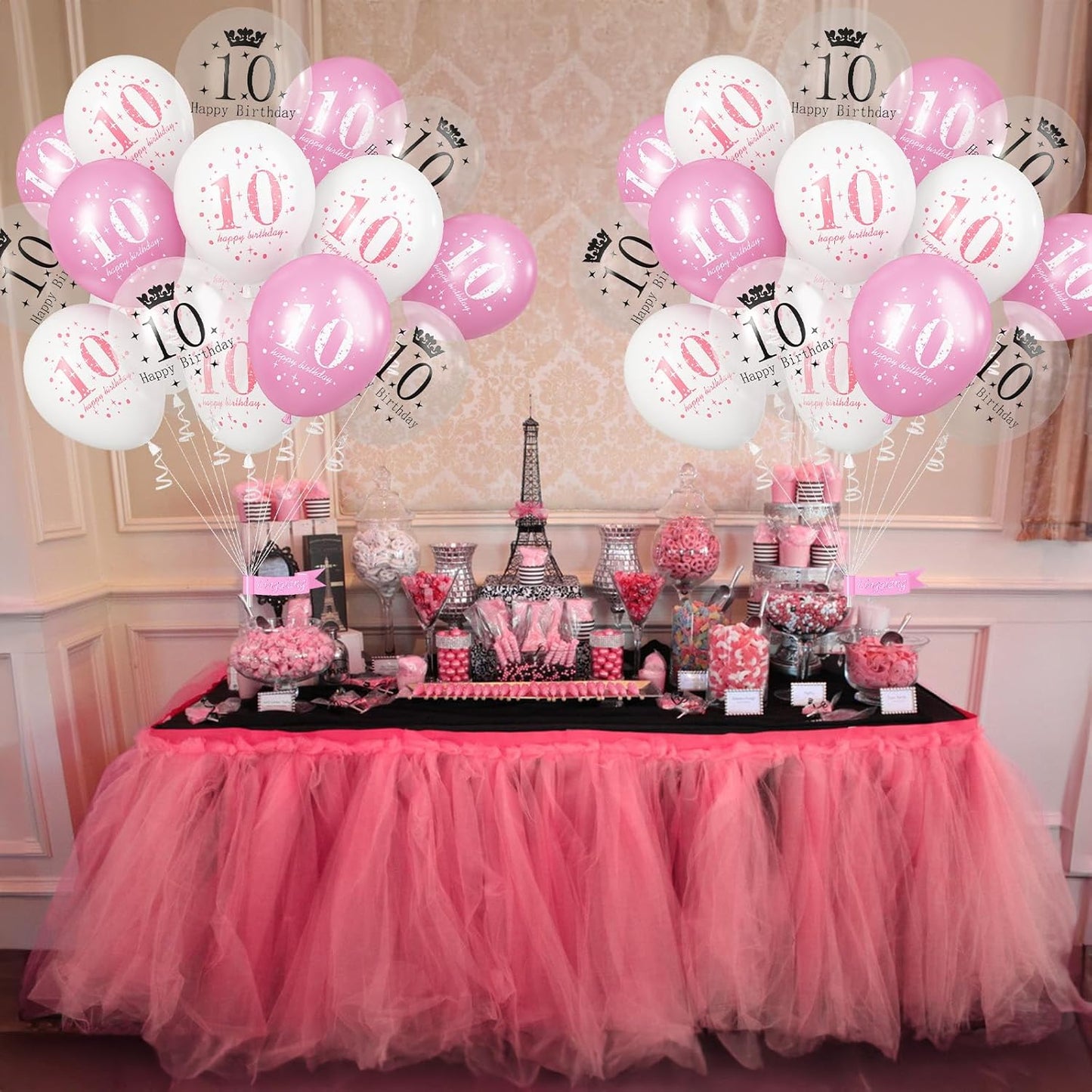 Pink White 10th Birthday Balloons, Pack of 15 Happy 10th Birthday Party Decorations for Her, 10th Birthday Latex Helium Balloons Set for Kids Age 10 Year Old Birthday Party Decorations Supplies