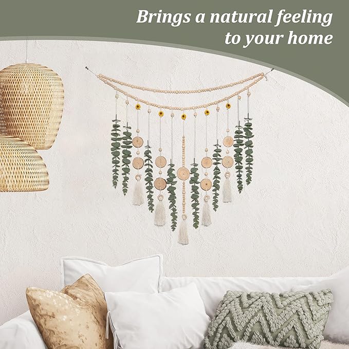 Artificial Hanging Eucalyptus Wall Decor Fake Plant Greenery Stems on 29" Sunflower Bead Garland Sage Green Boho Rustic Farmhouse Wall Art for Bathroom Bedroom Living Room