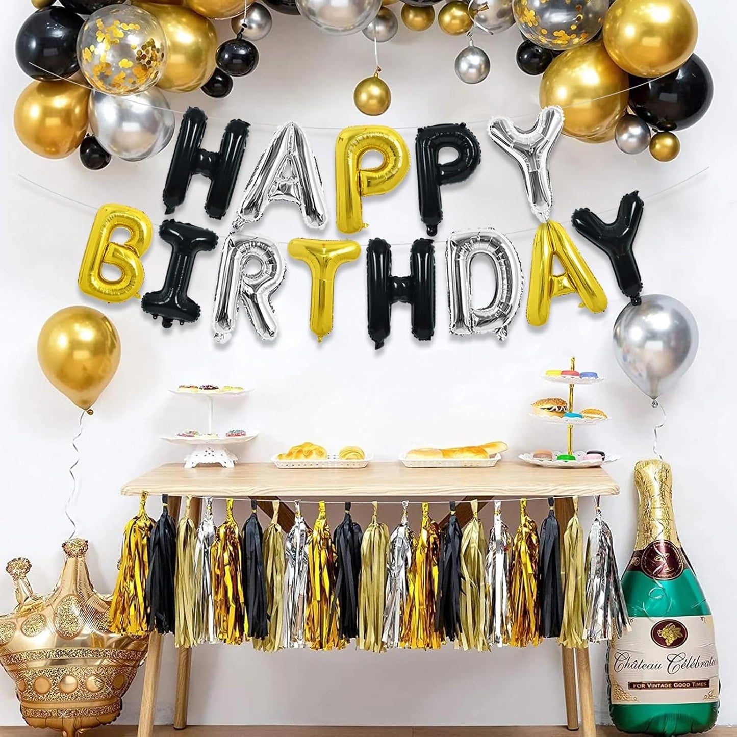 TONIFUL Happy Birthday Balloons Banner 16 Inch Mylar Foil Letters Birthday Sign Reusable for Girls Boys Kids & Adults Birthday Party Decorations Supplies(Black Silver Gold)