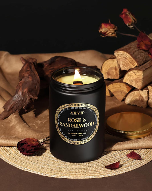 AOOVOO Scented Candles for Men - Large Mahogany & Teakwood Candles for Home Scented | Crackling Wood Wick Soy Candle | Strong Fragranced Masculine Black Candle Gift for Women & Men, 22oz