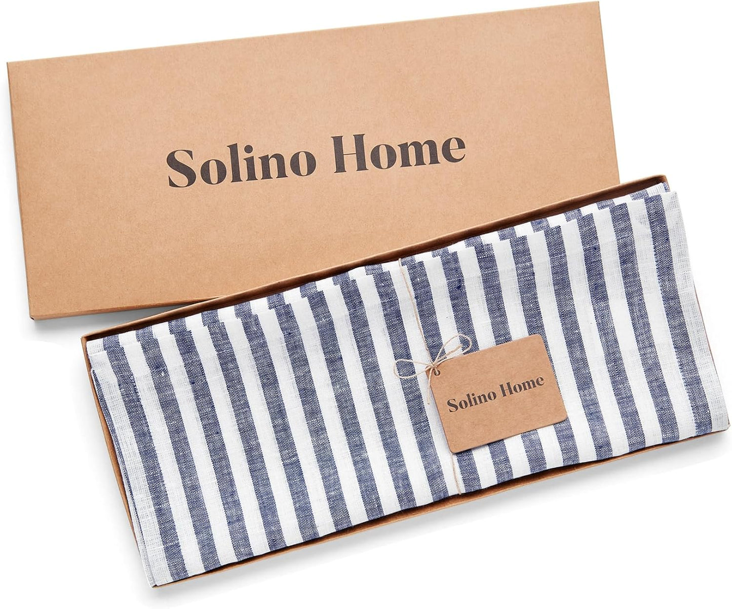 Solino Home Linen Table Runner 156 Inches Long - Amalfi Stripe, 100% Pure Linen Navy and White Table Runner 14 x 156 Inch for Dining