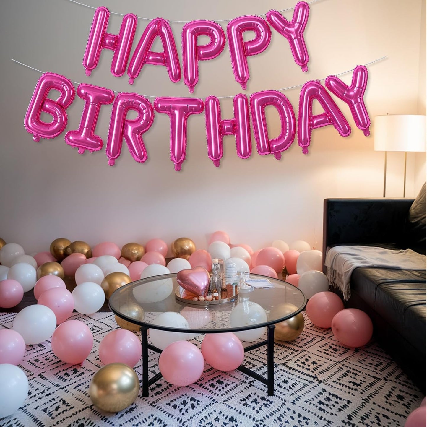 Happy Birthday Balloon Banner - 16 Inch Hot Pink Foil Mylar Sign Bunting Self Inflating Letter Balloons for Girls Women Party Decorations Supplies