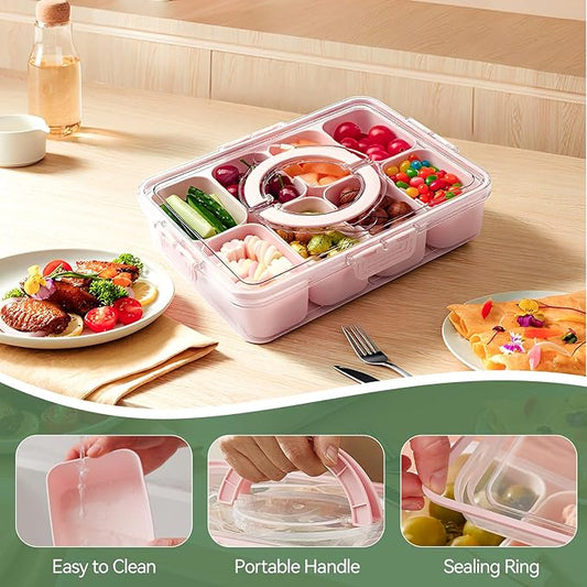 Snackle Box Container, Divided Serving Tray with Lid and Handl 8 Compartments Snacks Box,Candy Snack Fruit and Veggie Tray, Suitable for Picnics Trips Parties and Holidays