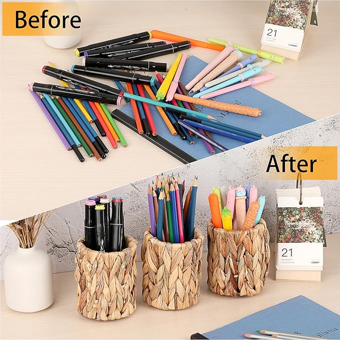 BTSKY 3 Pack Water Hyacinth Pencil Holder, Handmade Wicker Pen Cup Makeup Brushes Holder, Pens Pencil Cup Organizer Chic Woven Desktop Accessories Pen Container Box for Office Home Desktop, Cylinder