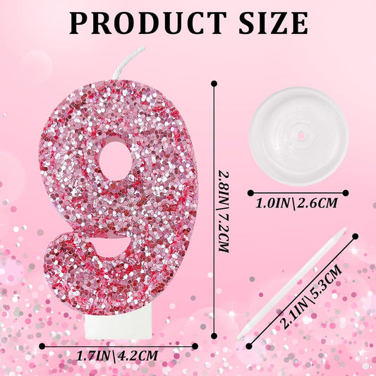 Birthday Number Candles, Glitter Number Candle Cake Decorations with Sequins, Cupcake Decorations for Girls, Women, Party Anniversary Celebrations (Number 9, Pink)