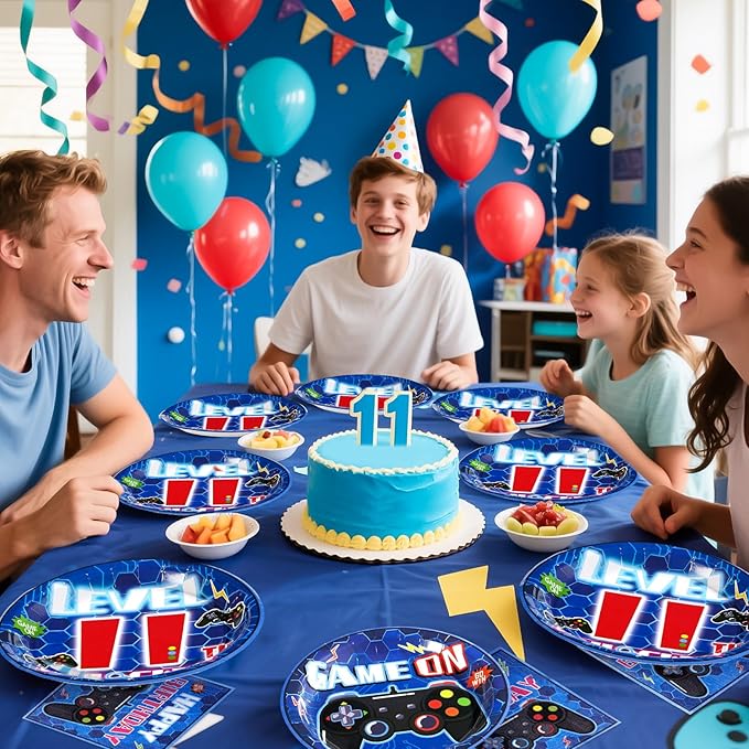 Grencian 96Pcs 11th Birthday Decorations for Boys Blue Video Game 11th Birthday Plates Disposable Paper Tableware Set for Kids Boys Girls 11 Year Old Video Game Theme Party Supplies, Serves 24