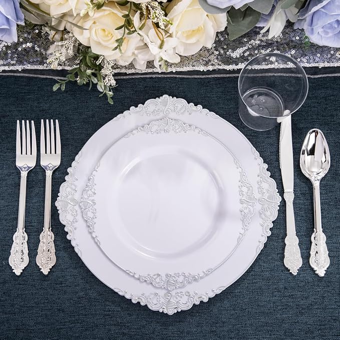 Hioasis 100pcs White Silver Plastic Plates for Party - 7.5" Dessert Plates Disposable, Heavy -duty, Classy and Elegant for Wedding