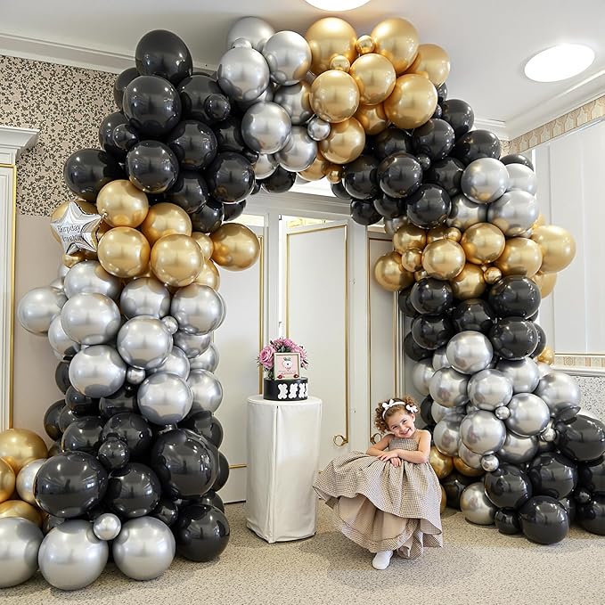 412Pcs Black Gold Silver Balloons Garland Arch Kit,18 12 10 5 Inch Different Size Latex Balloons for Graduation Birthday Wedding Party Decorations