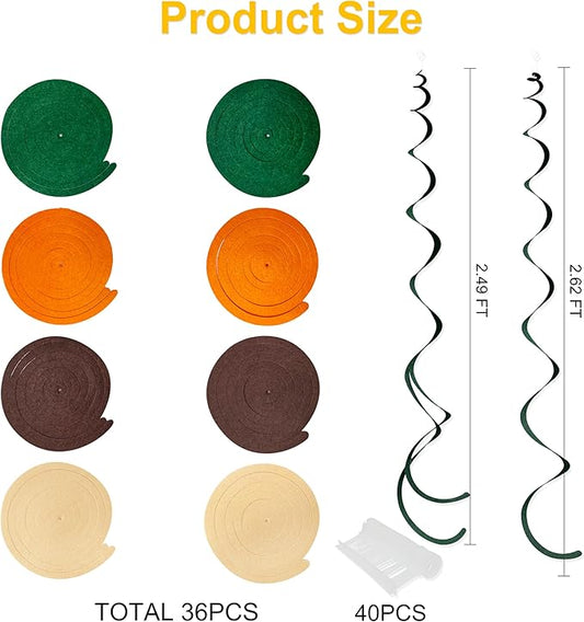 36 Pcs Green Brown Orange Beige Hanging Swirl Decorations Felt Swirl Streamer Spiral Ceiling Garland for Woodland Safari Jungle Wild One Birthday Neutral Baby Shower Party Decorations Supplies