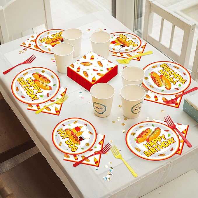 96Pcs Hot Theme Dog Birthday Party Paper Plates and Napkins for Fast Food Themed Party Supplies Hot Dog Themed Paper Dessert Plates Picnic BBQ Tableware Set for 24 Guests Birthday Party Decorations