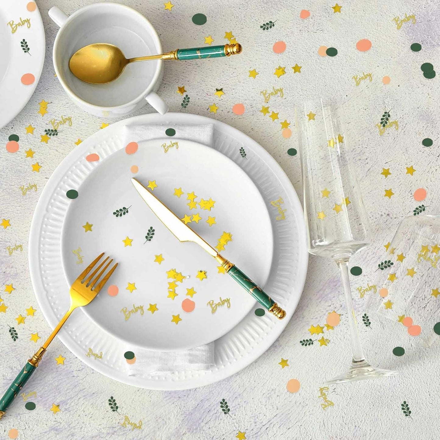 200 Pcs Greenery Baby Shower Confetti Scatter Decorations, Green Gold White Table Confetti Dots with Eucalyptus and Gold Glitte Baby Confetti Scatter for Baby Shower Gender Reveal Décor, 2.1