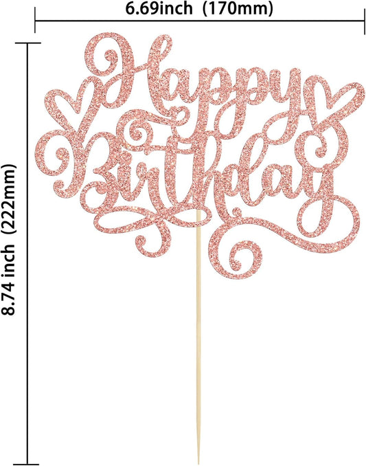 Gyufise 1Pcs Happy Birthday Cake Topper Glitter Cake Pick for Celebrating Anniversary Party Cake Decorations Supplies Rose Gold