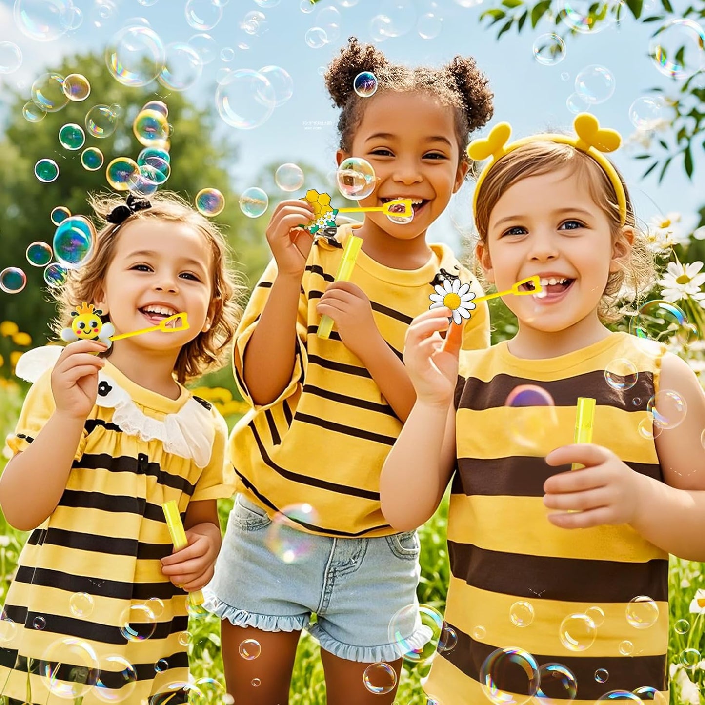 Winrayk Bee Party Favors, 24Pcs Bee Themed Mini Bubble Wands for Kids Bubbles Bulk with Detachable Topper (6 Styles & Colors), Birthday Gift Easter Goody Bag Stuffer Classroom Prizes Honey Party Favor