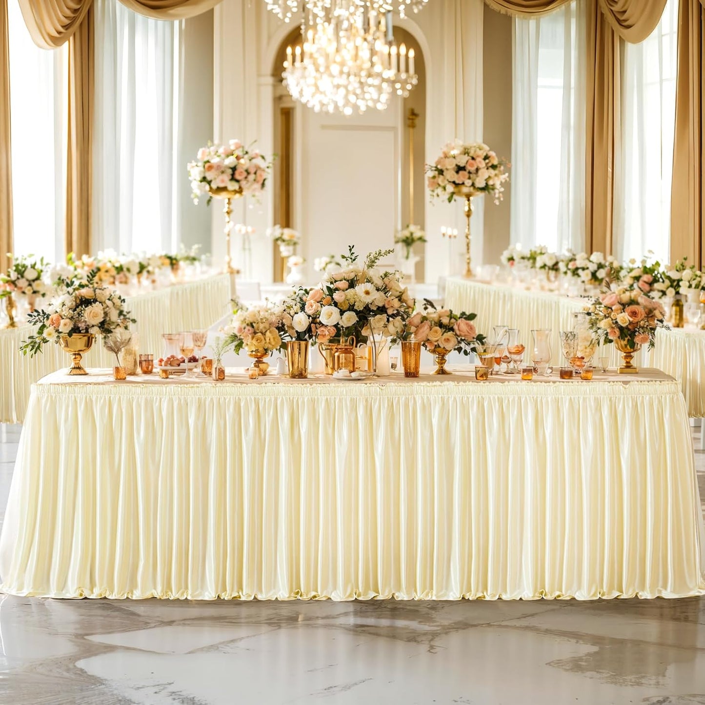 Wish Care 14ft Champagne Satin Table Skirt for Rectangle Tables Wrinkle Free Glitter Desk Skirts Pleated Ruffle Table Cloth for Wedding Birthday Baby Bridal Shower Party Table Skirting Decorations