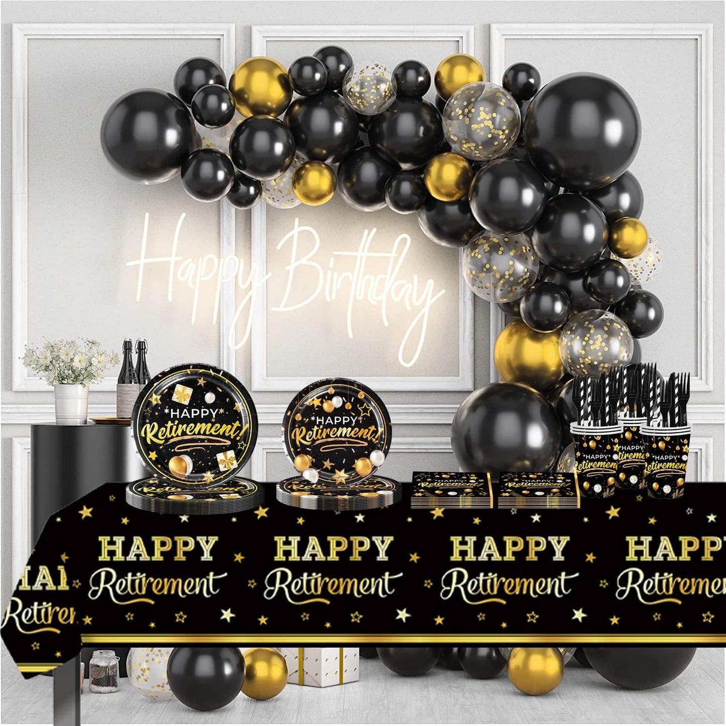 141pcs Retirement Party Decorations,Black Gold Party disposable tableware Includes Dinner Plate Dessert Plate Paper Napkin Cup Knife Fork Straws Tablecloth Black Gold Retirement Supplies set