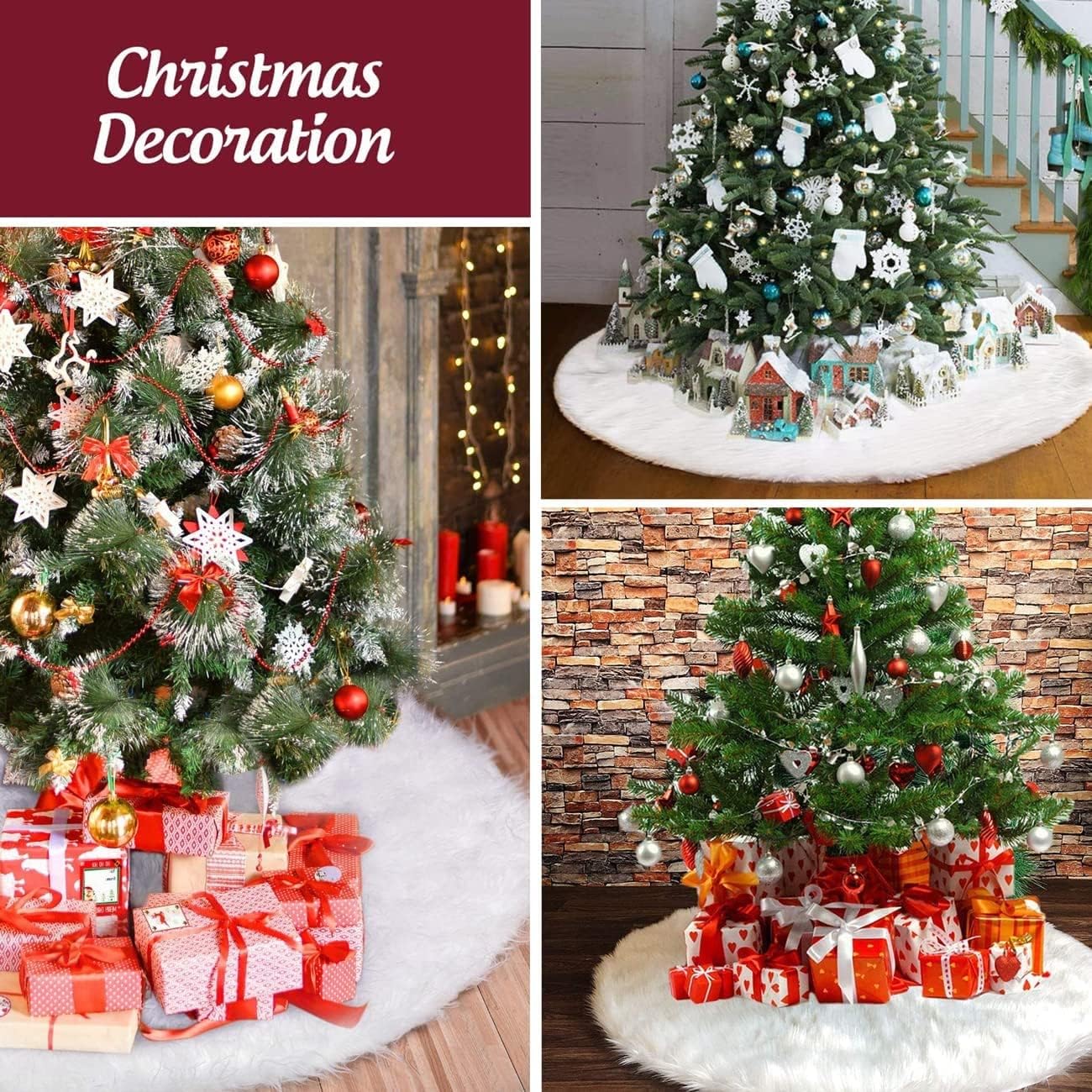 60 Inch Christmas Tree Skirt, Extra Large Snowy White Faux Fur Tree Skirt, Luxury Soft Plush Skirt for Merry Christmas Party Tree Decoration