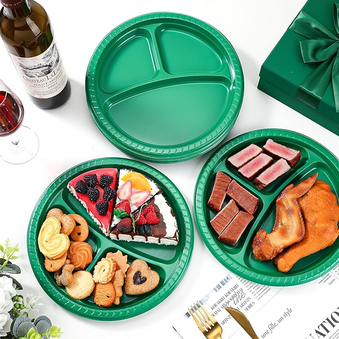 50 Pcs 10 Inch Plastic 3 Compartment Divided Plates Heavy Disposable Plates Duty Round Dinner Plates with Dividers for Wedding Birthday Party Dinnerware(Green)