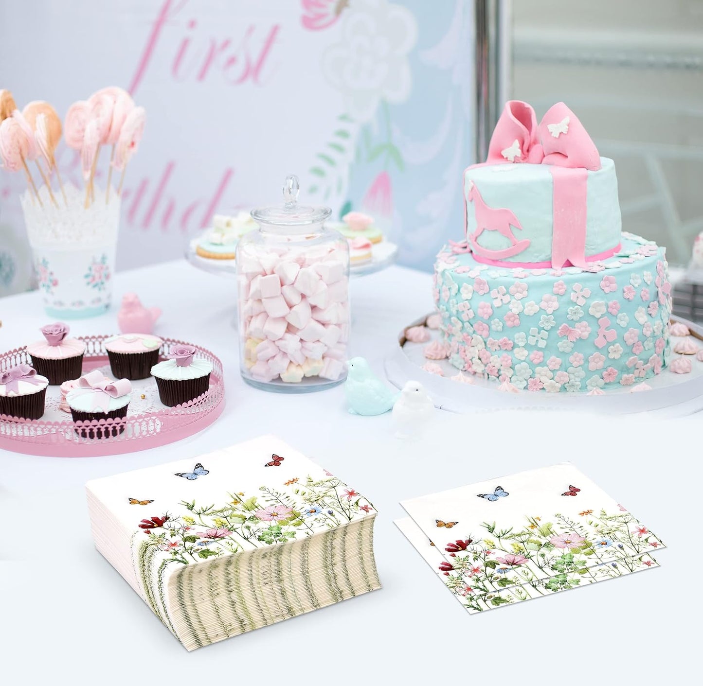 Gift Boutique 100 Pcs Floral Wildflower Cocktail Beverage Napkins Disposable Paper Butterfly Wild Flower Dessert Napkin for Tableware Party Supplies