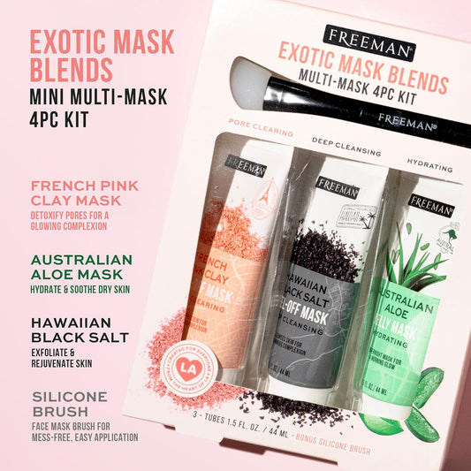 Freeman Exotic Blends Facial Mask 4 Piece Set, Peel-Off & Jelly Masks, Cleansing, Pore-Clearing & Hydrating Facial Masks, For All Skin Types, Includes Silicone Mask Brush, Vegan & Cruelty-Free