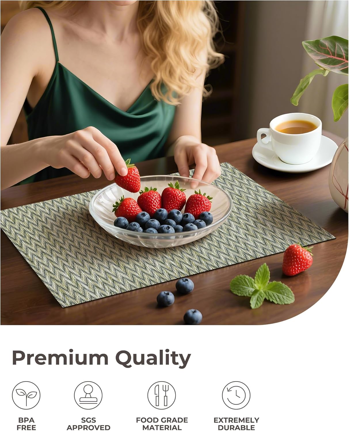 Leetaltree Green Placemats Set of 12 - Heat Resistant Non-Slip Place mats for Dining Table, Washable Durable PVC Vinyl Woven Table Mats(Green Zigzag, 12)