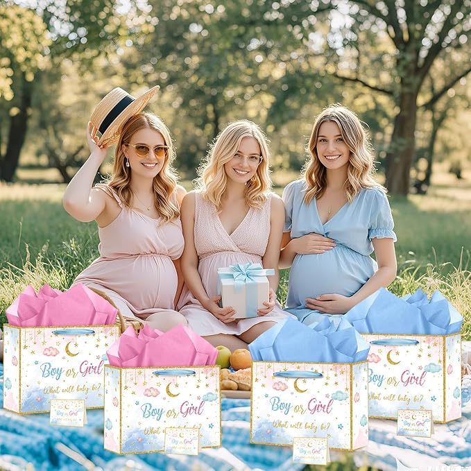 Gender Reveal Gift Bag Blue Pink Boy or Girl Paper Bag with Wrapping Paper Card What Will Baby Be Party Decoration Twinkle Treat Candy Bag for Baby Shower Gender Reveal Birthday Party Supplies