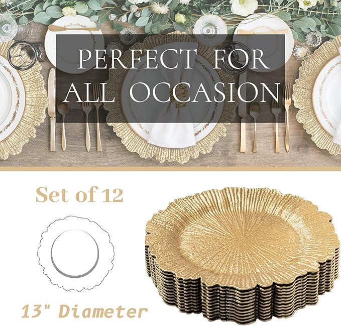 MAONAME Gold Charger Plates Set of 12, Reef Plate Chargers for Dinner Plate, Round Plastic Table Chargers for Thanksgiving, Christmas