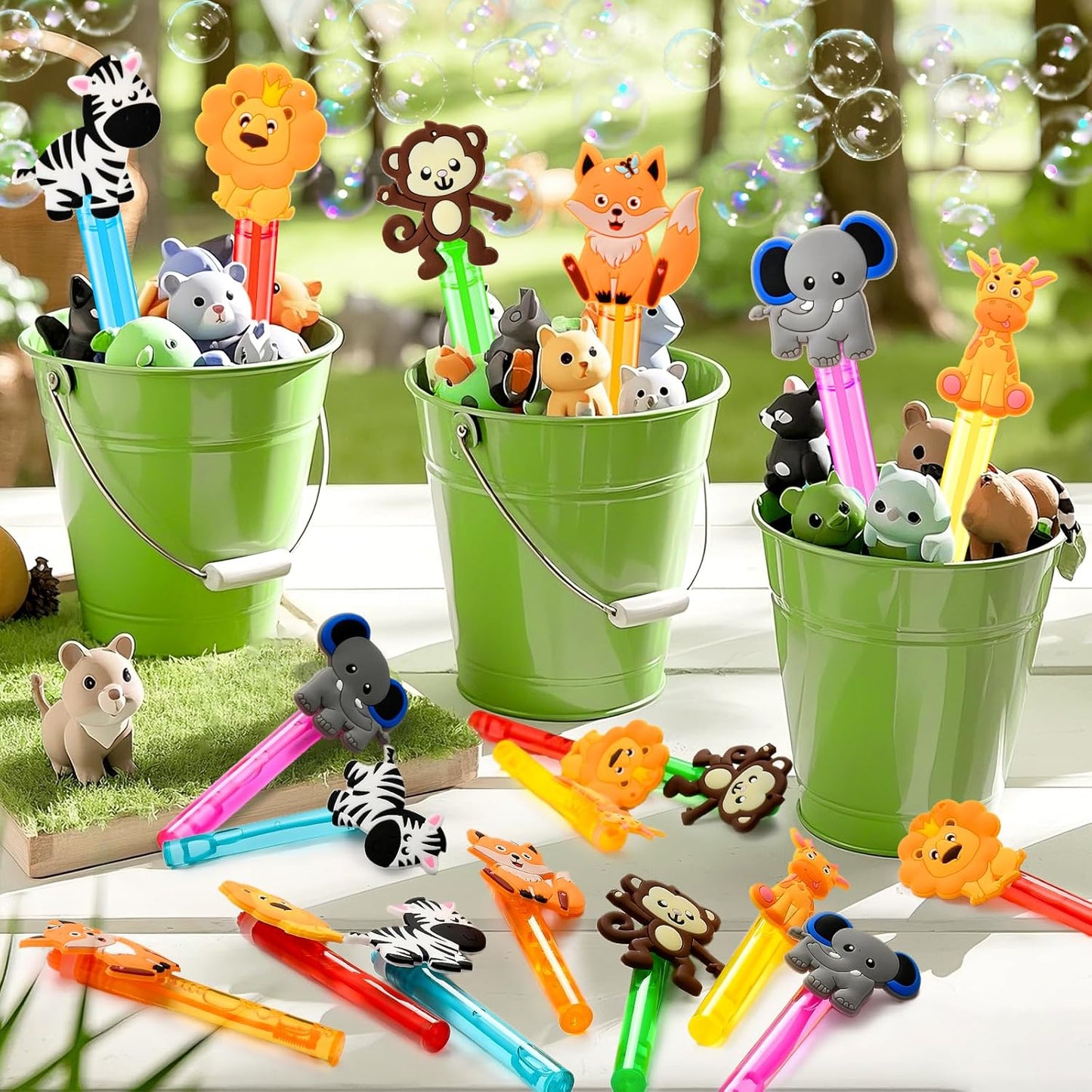 Winrayk Safari Party Favors, 24Pcs Jungle Animals Mini Bubble Wands for Kids Bubbles Bulk with Detachable Topper (6 Styles & Colors), Birthday Goodie Bag Stuffer Classroom Prizes Wild One Party Favors